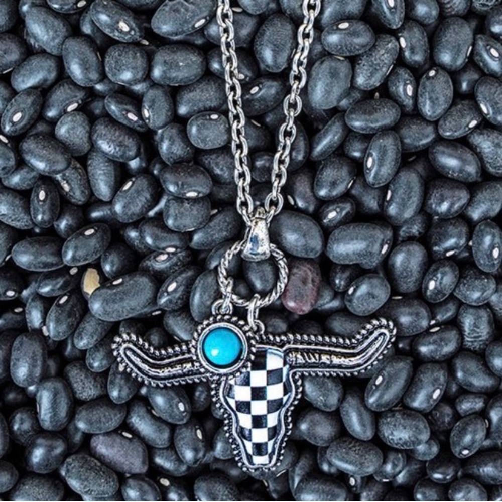 Silver and Turquoise Bull Pendant Necklace